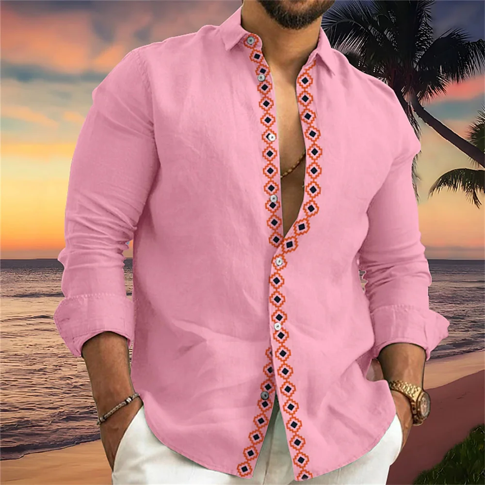 

2024 New Splicing Printed Solid Color Shirt Fashion Casual Street Walk Men's Long Sleeve Collar Comfortable Button Shirt