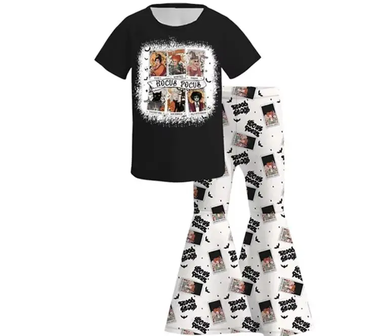 Toddler Girls Hocus-Pocus Witch Outfit Kids Halloween Fall Short Sleeve Graphic Tee & Flare Bell Bottom Pants Set