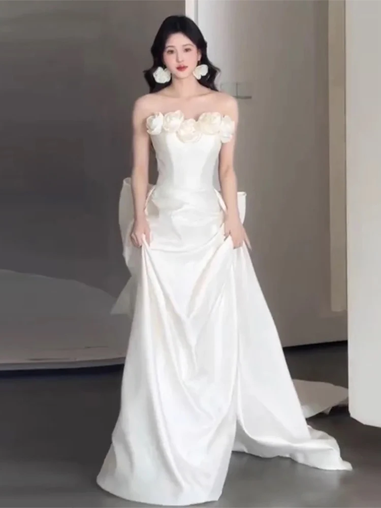 

Ele Korean Sle Bridal Gown Satin Fabric Train Wedding Dr White Svel Strapl Floor Length for eeting Guests