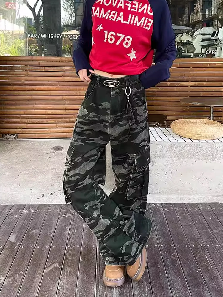 미국 레트로 카모플라주 작업복 바지 하이웨이스트 슬림 와이드 레그 멀티 포켓 롱 팬츠 남녀 공용 클린핏 캐주얼 팬츠