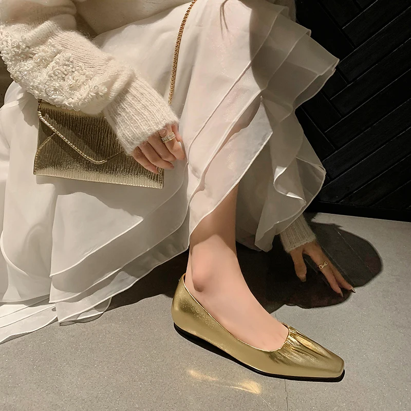 Women's new spring and autumn leather pleated square toe low heel soft plain surface high-end temperament commuting work shoes