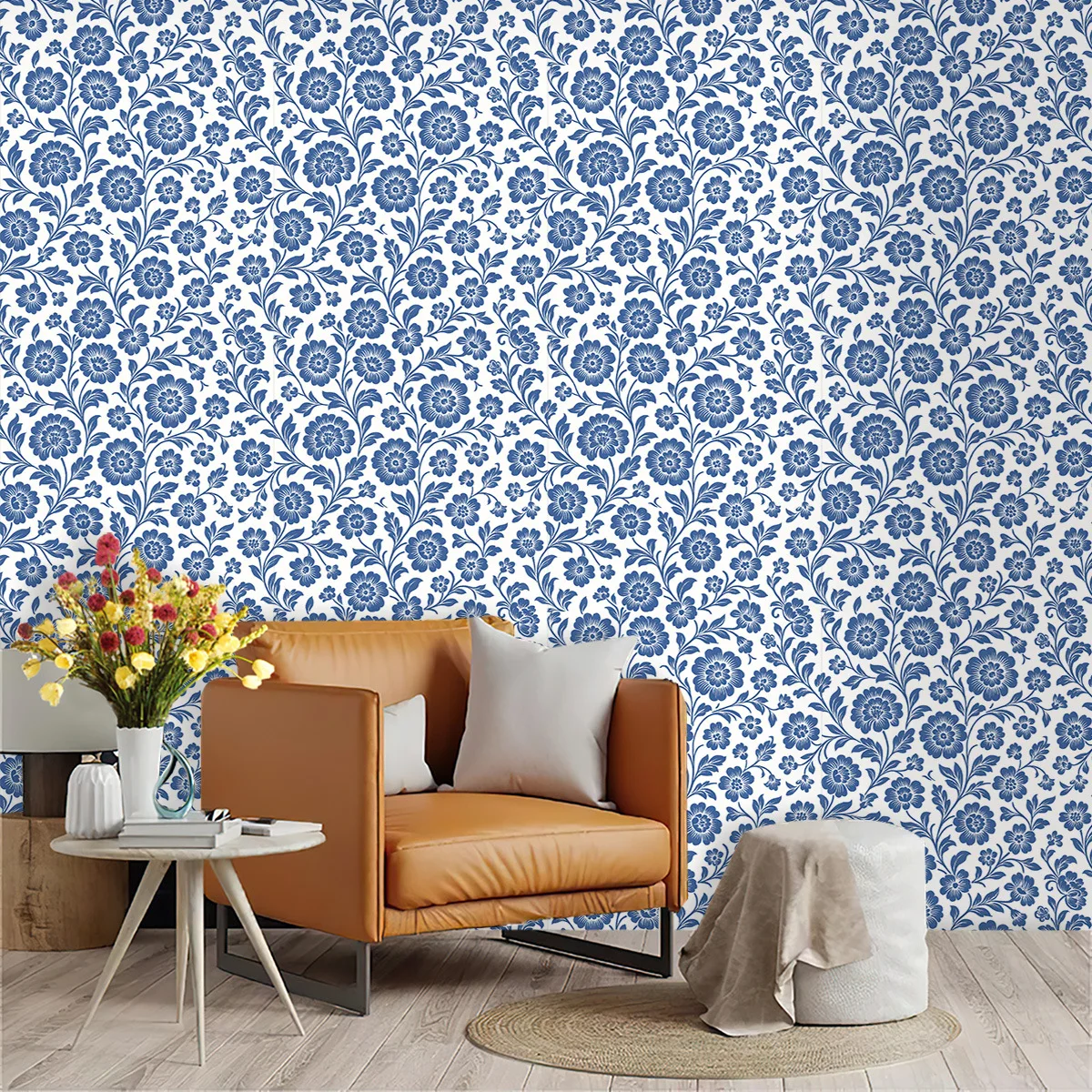 Self Adhesive Chinoiserie Wallpaper Blue White Floral Pattern Waterproof Peel Stick Wall Sticker Cover Roll for Home Hotel Decor