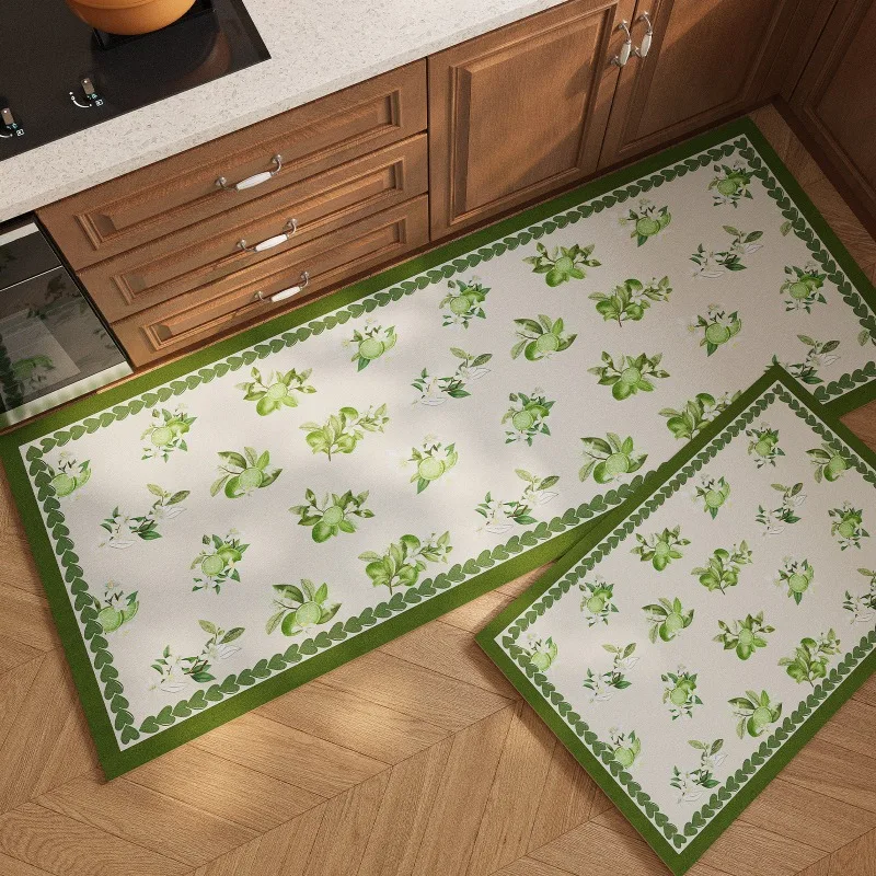 French Green Vines PVC Leather Kitchen Rug Waterproof Oil-proof Stain-resistant Carpet Large Area Non-slip Floor Mats Alfombra
