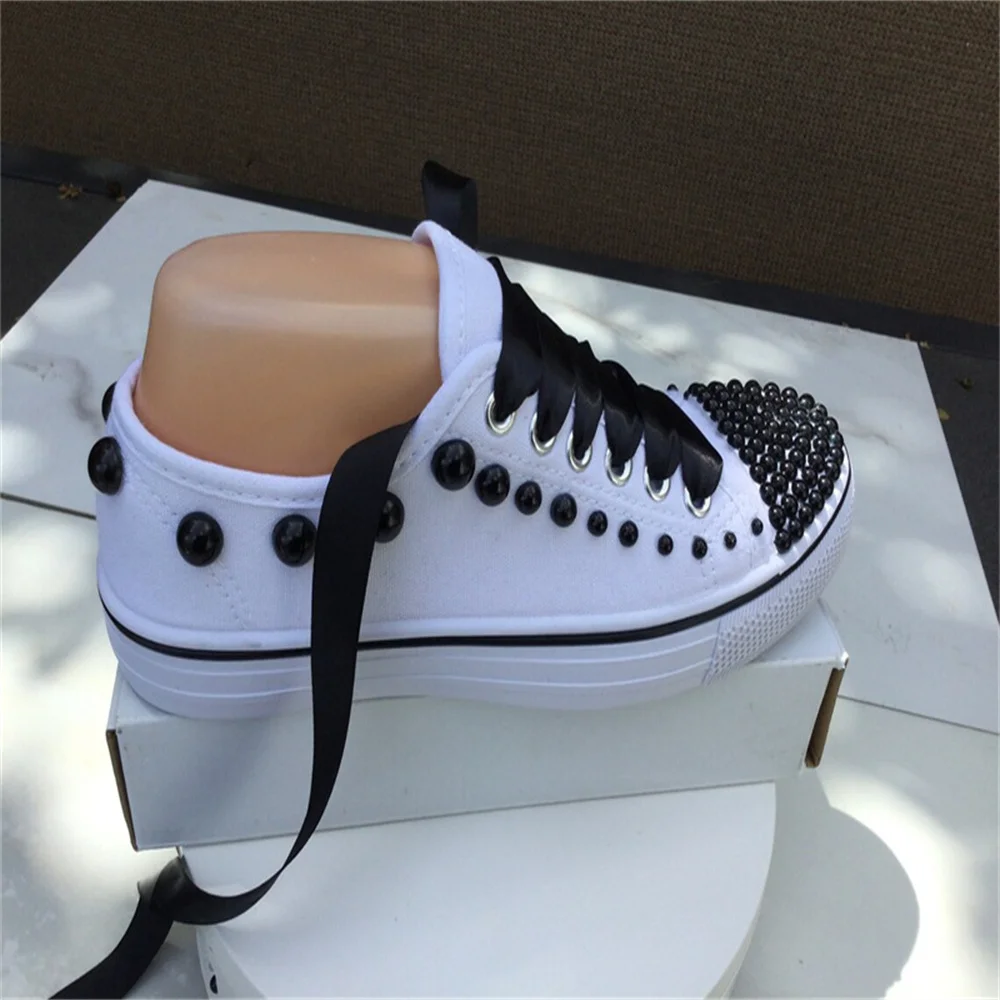 White low top black pearl ribbon custom style canvas shoes integrated sports casual shoes women\'s shoes 35-46