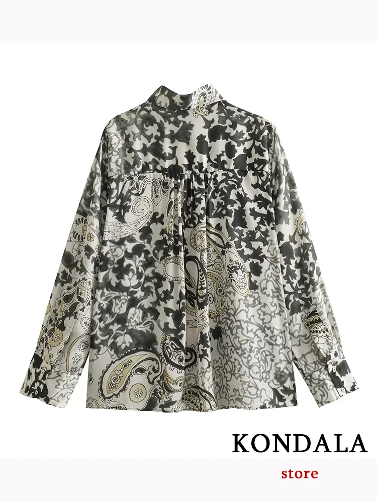 KONDALA Casual Vintage Chic Women Shirt Plant Print Single Breasted Long Sleeve Loose Blouse New Fashion 2023 Autumn Shirts