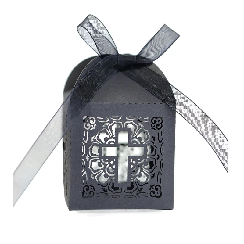 50/100pcs Lace Cross Candy Box Easter Favor Gift Packaging Box With Ribbon Birthday Baptism Wedding Communion Christening Decor