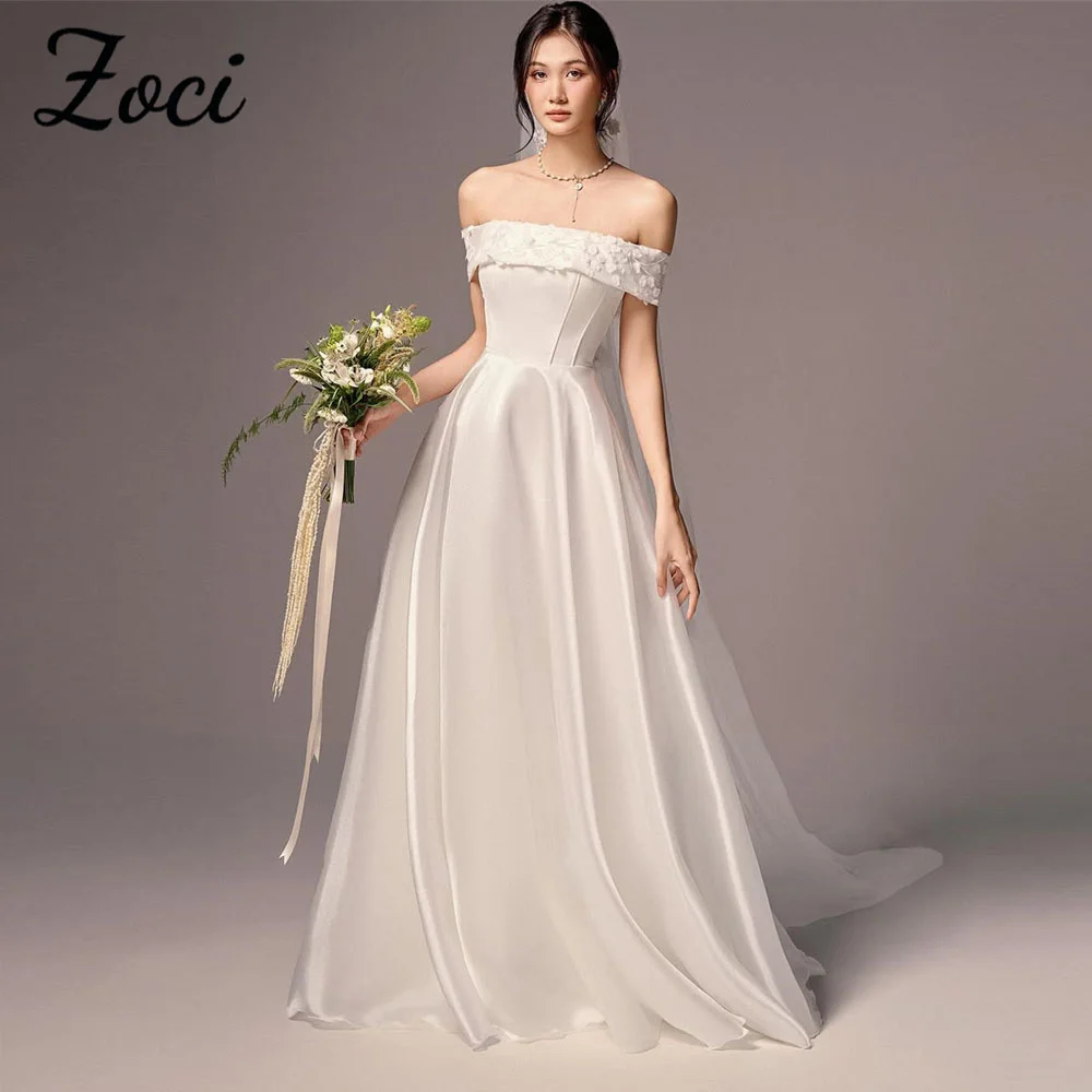 

Zoci Elegant Off Shoulder Korea Wedding Dresses Customized Bride Photos Shoot Dress Satin Organza Draped Bridal Gown for Women