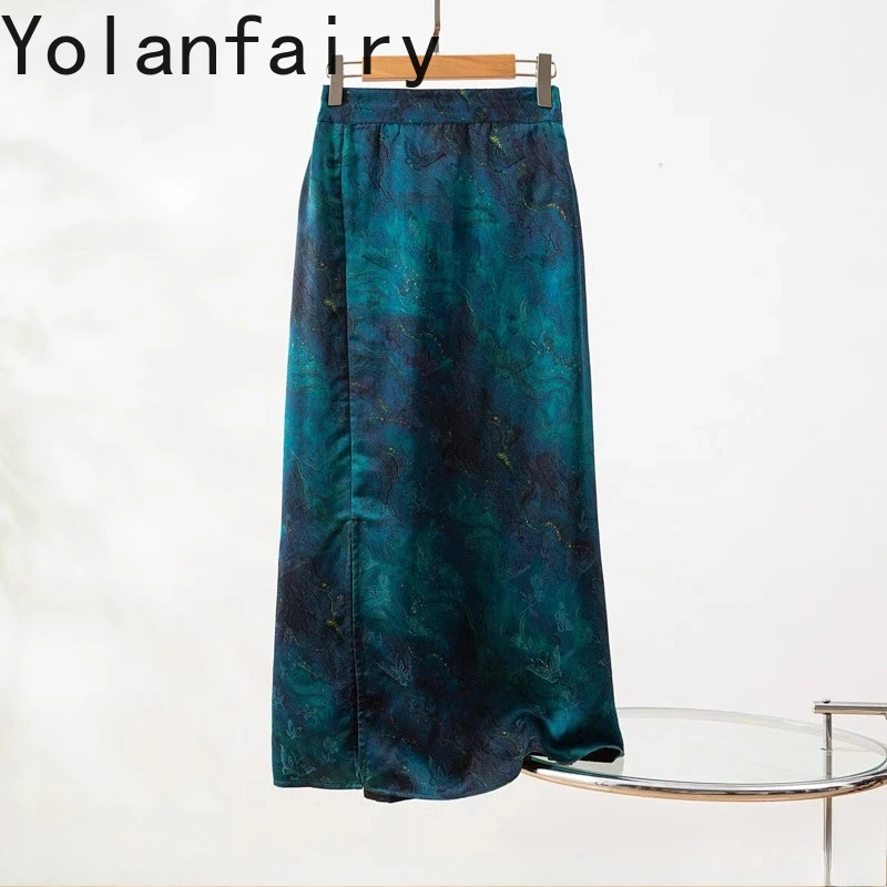 YOLANFAIRY New 100% Mulberry Silk Skirt Summer Streetwear Clothing Gauze Silk Long Skirts for Woman Elastic Waist Straight Skirt