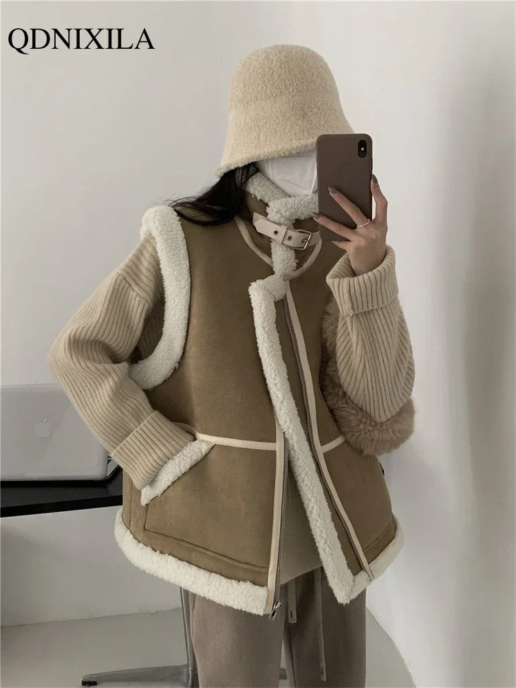 2023 Winter New Warm Thickened Lamb Fur Integrated Women\'s Vest Padded Fleece Standing Collar Korean Outerwear Sleeveless Jacket