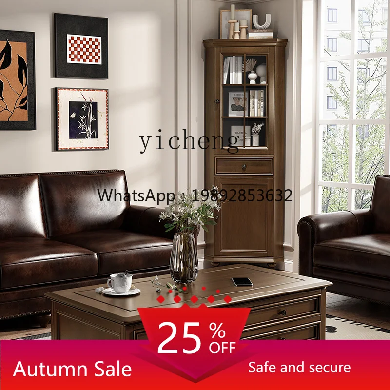 

American Country Style Solid Wood Corner Cabinet Living Room Storage Pure Solid Wood Black Walnut Color Furniture