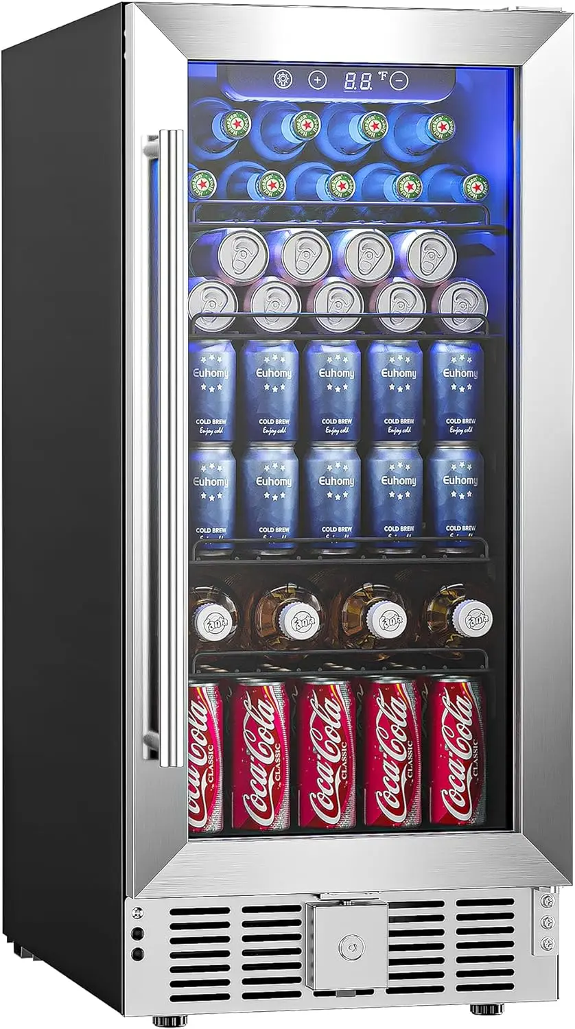 EUHOMY 15 Inch Beverage Refrigerator Cooler Under Counter 127 Cans Beverage Fridge Built-in or Freestanding