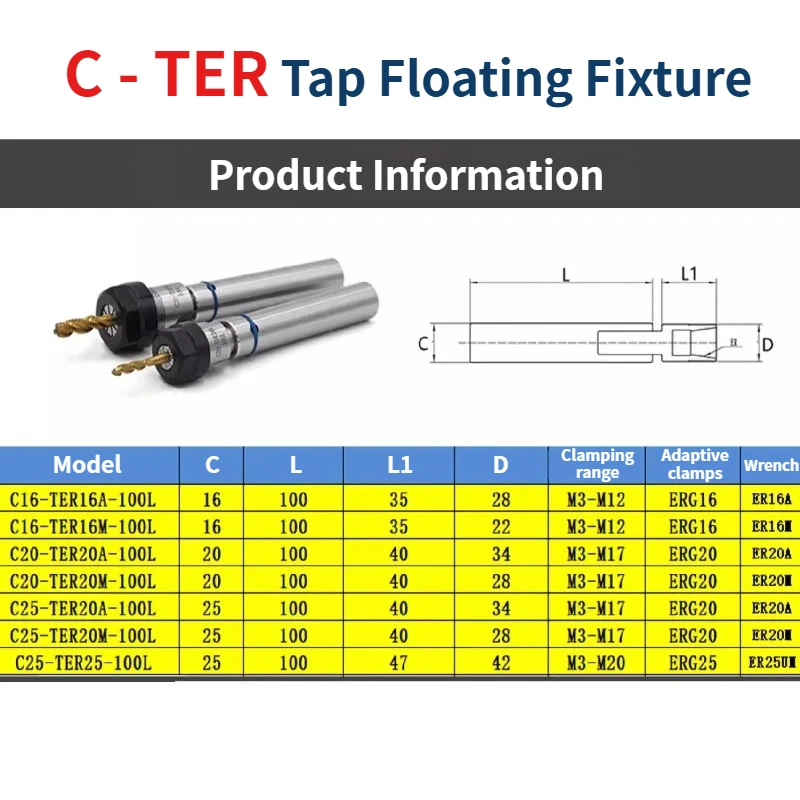 C16 C20 C25 TER16 TER20 25 32 Elongate Handle Telescopic Floating Chuck Tap Fixture Torque Overload Protection Flexible Tapping