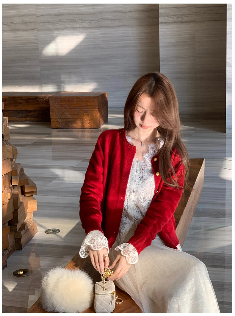 

Yang Wan Yu 00% Pure Wool Red Knitted Cardigan Winter New Year Festive Aosphere Women's Loose Fit Long Sve round Ne S...