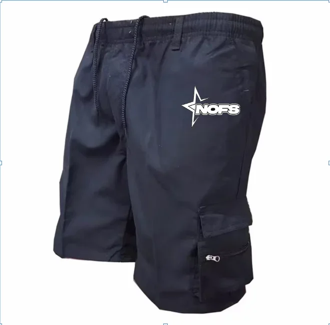 NOFS Star Letter Print Mens Cargo Shorts Elastic Drawstring Multi Zipper Pocket Outdoor Casual Short Pants