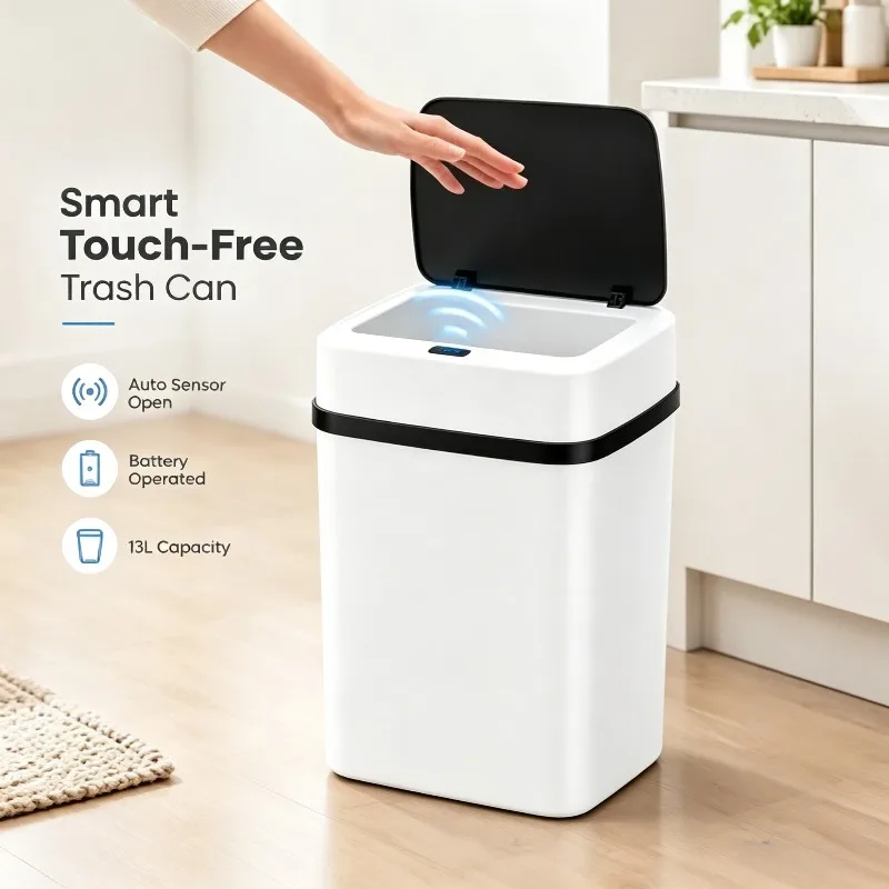13L Smart Automatic Touch-Free Trash Can Motion Sensor Battery Dustbin Waste Bucket for Kitchen Bathroom Home Office Indoor ﻿