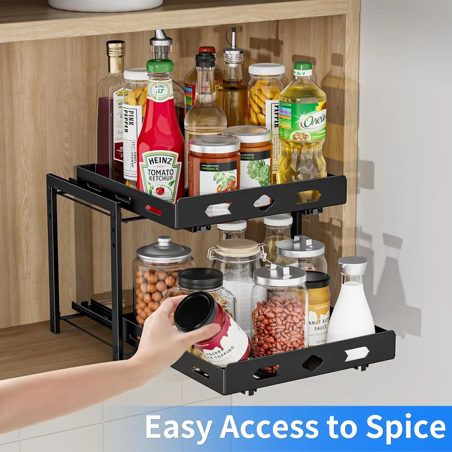 

Pull Out Spice Rack Organizer, 2-Tier Vertical Spice Rack, Height Adjustable For Kitchen Cabinet (11.9''Wx10.8''Dx9.2''H, Metal