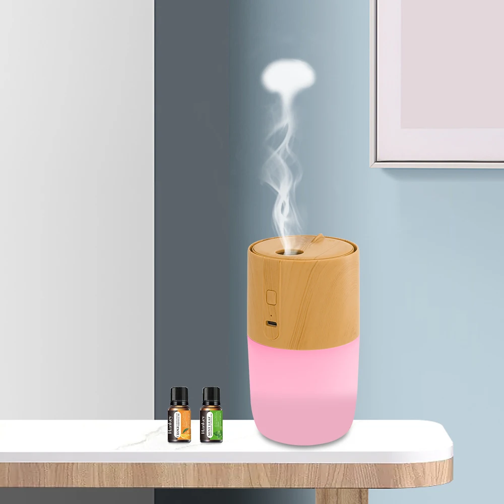 Difusor de aroma de grano de madera de 300 ml con humidificador y purificación de aire Luces LED de 7 colores, 2 modos de pulverización, incluye 2 aceites esenciales