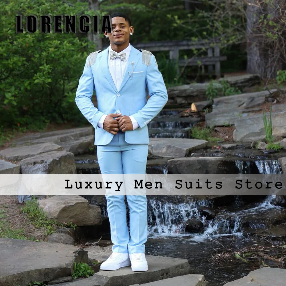 Simple Crystal Ornaments 2 Pieces Singe Breasted Wedding Party Outfits Customized Flat Blazer Pants traje juvenil masculino