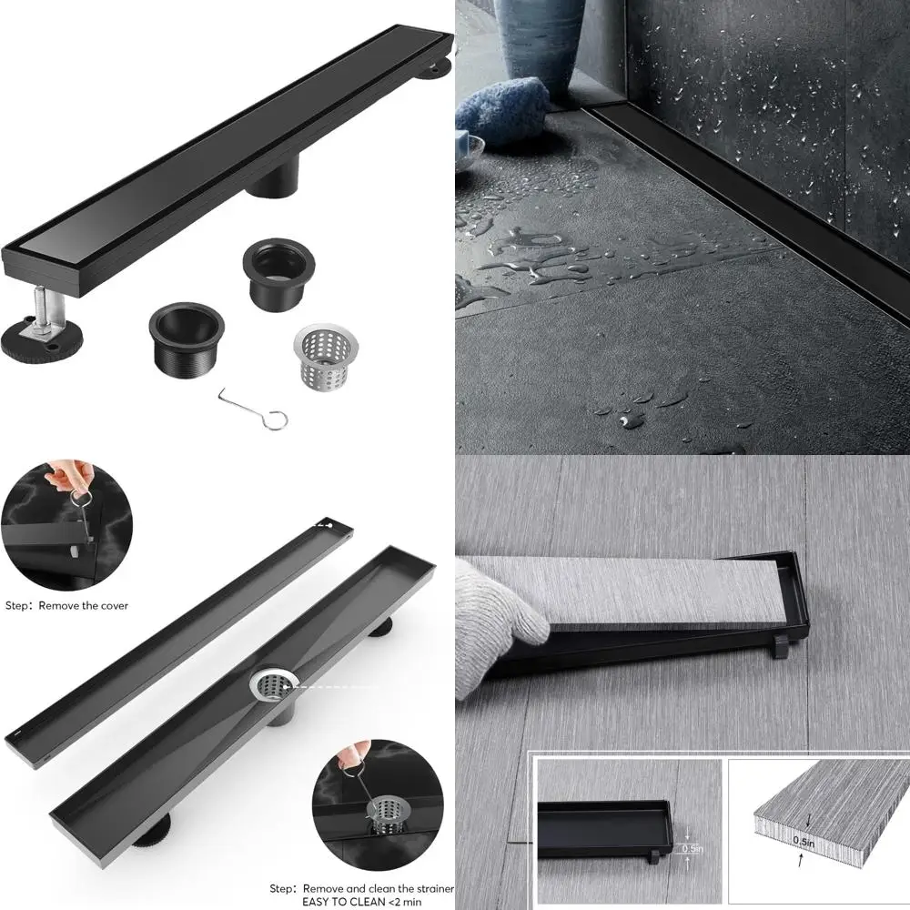 

Linear Shower Drain with Tile Insert Grate, 28-Inch, Reversible Matte Black Cover, Rectangle Floor Drain, Brushed 304 Stainless