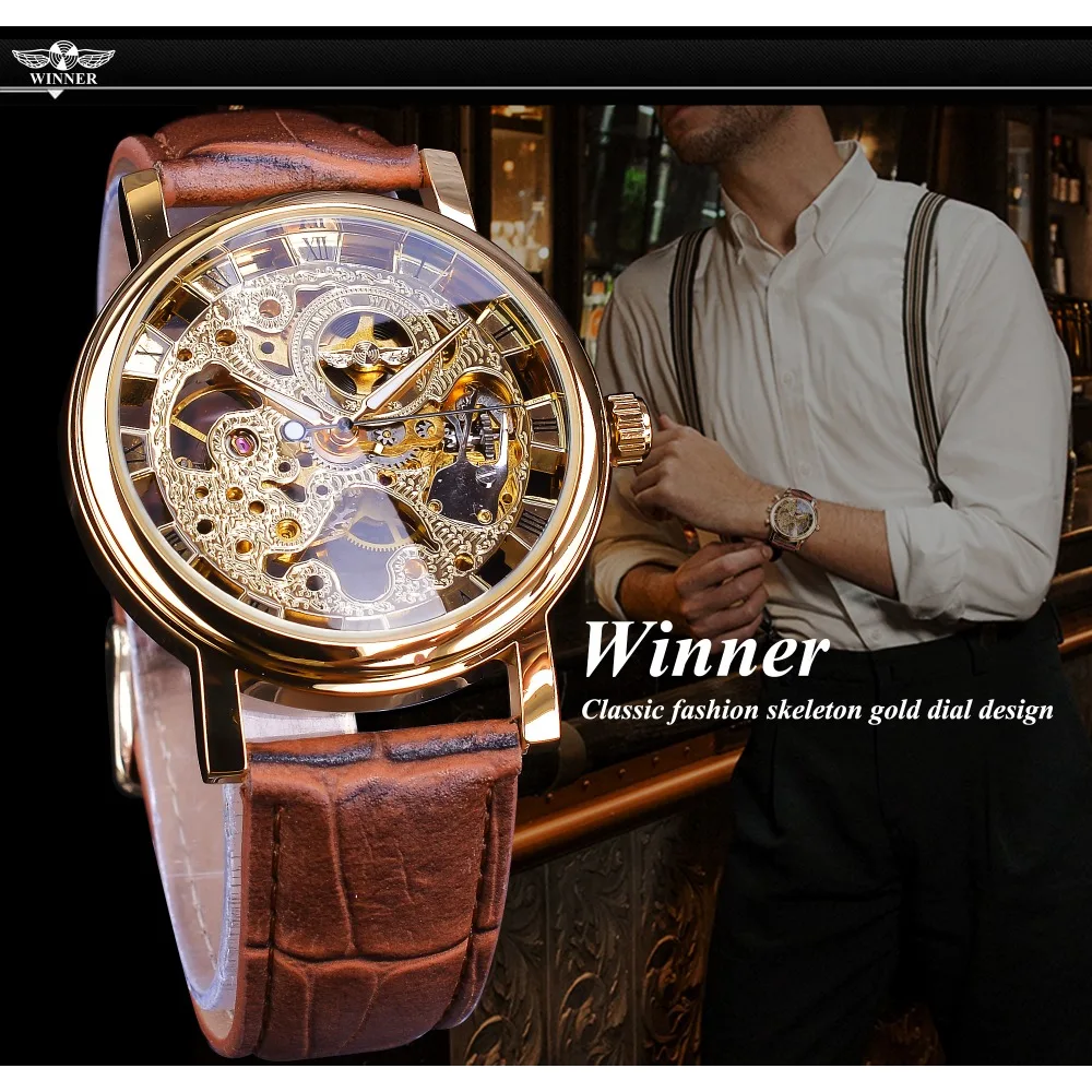 Winner-Reloj de pulsera para hombre, cronógrafo de lujo con esqueleto dorado, correa de cuero marrón, mecánico, a mano, de viento, precio barato,