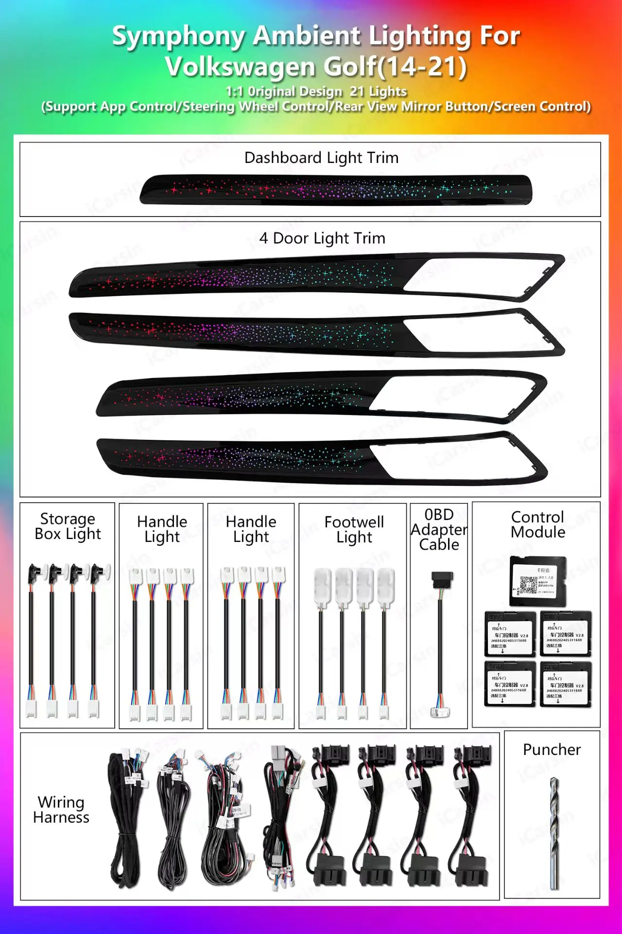 Illuminazione ambientale interna a 256 colori per Volkswagen Golf 7/7.5 2014-2020, accessori decorativi.