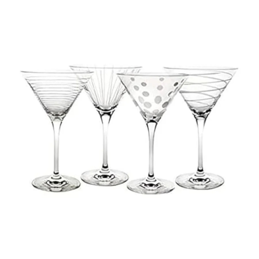 Cheers 10-Ounce Martini Glasses Fun Etched Designs Durable Clear Glass Cocktail Glassware Set of 4 Perfect for Entertaining and