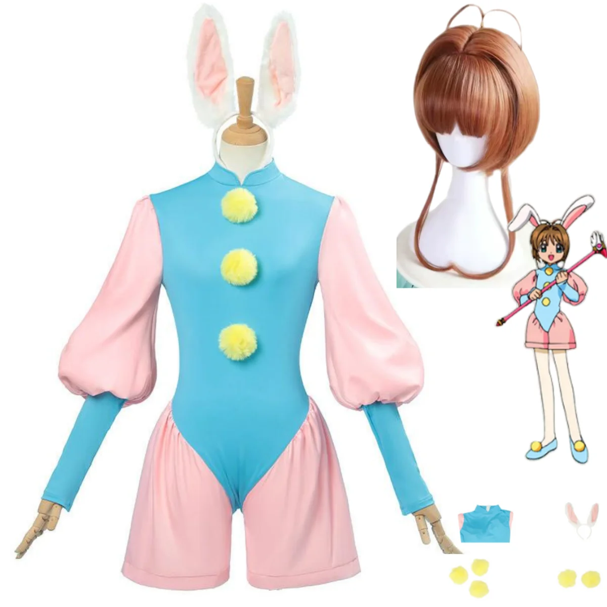 Disfraz de Anime Sakura Cardcaptor Kinomoto Sakura, monos de conejo, uniforme, peluca para mujer, traje Sexy bonito de Halloween y Navidad
