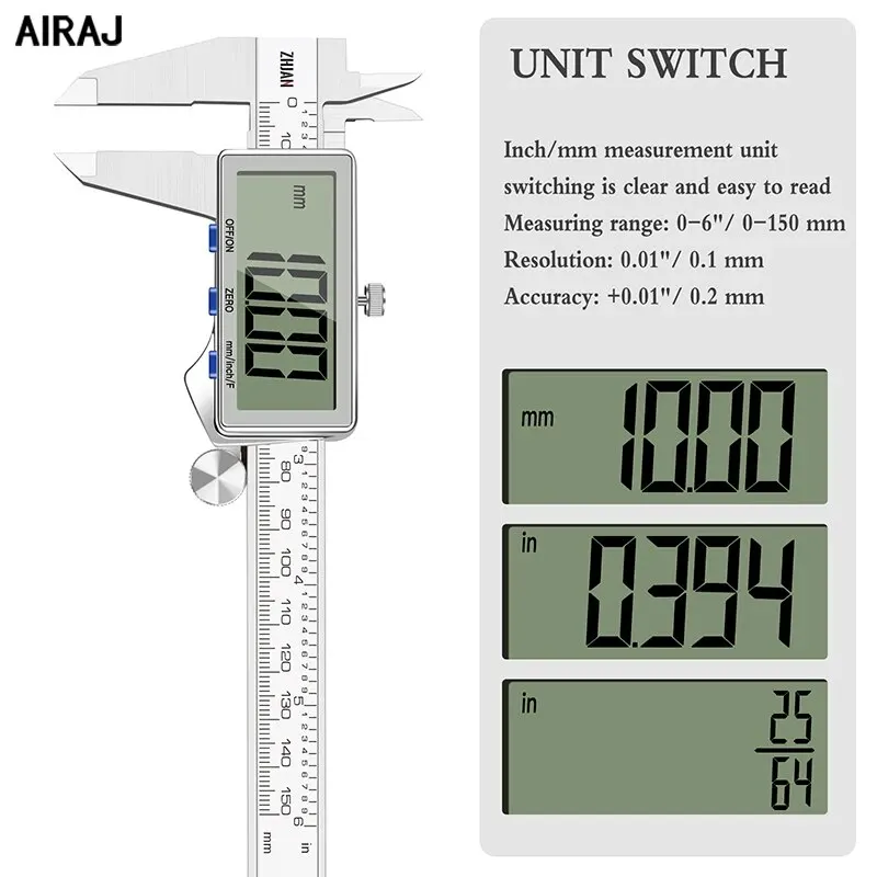 AIRAJ Digital DisplayStainless Steel High Precision Waterproof Electronic Vernier Caliper Micrometer Measuring Tool