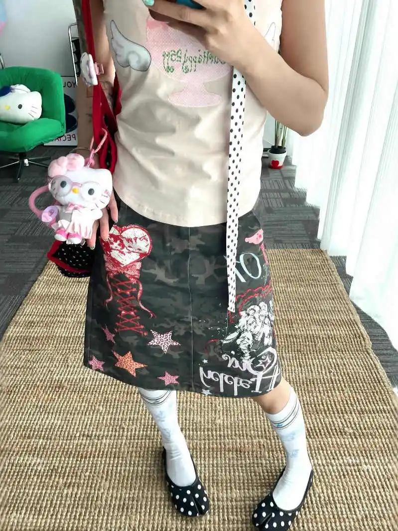 تنورة صيفية للسيدات أبي Y2k ميدي تنورة مموهة هاراجوكو يابانية 2000s الجرونج E-girl طباعة ألف خط سايبر بانك طول الركبة تنورة جديدة #3