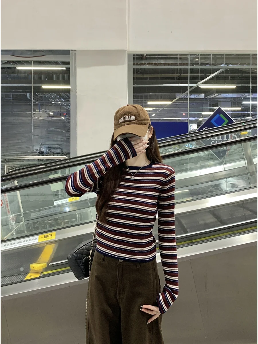 Maglieria coreana slim fit rotonda Ne Abbigliamento interno per donna Capispalla con fantasia a righe elastiche traspiranti autunno inverno