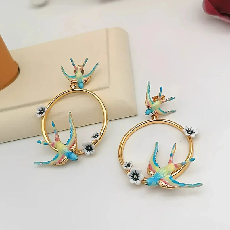 2024 New Arrival Ethnic Style High-end Hand-painted Fairy Tale Style Cut Rainbow Swallow Bird Earrings for Women Girl's Gift