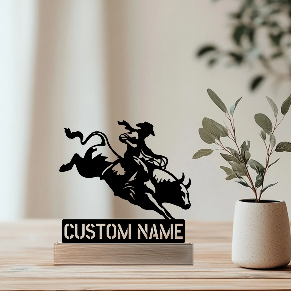 รูปปั้นโลหะรูปวัวเด็กชายแบบนามธรรม 1 ชิ้น งานศิลปะตกแต่งพร้อมฐานไม้  รับสั่งทำชื่อได้