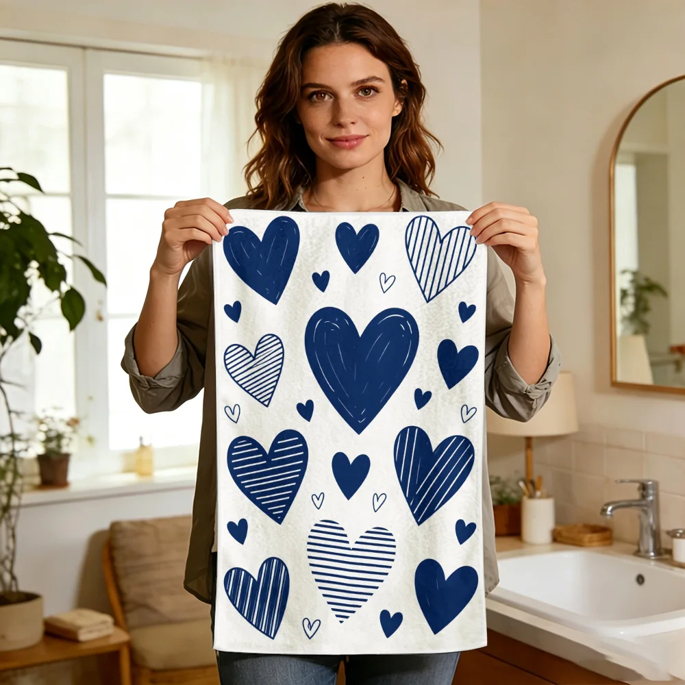 1pc/2pcs Blue Heart Print Kitchen Towel-Super absorbent, reusable polyester dishcloths perfect for home decor, cooking, baking a