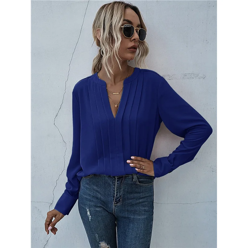 

Женская длинная блузка Sve irt размера плюс, прямой крой, пуговицы, V-Ne, стандартная длина, чистый цвет, для поездок на работу, Sle