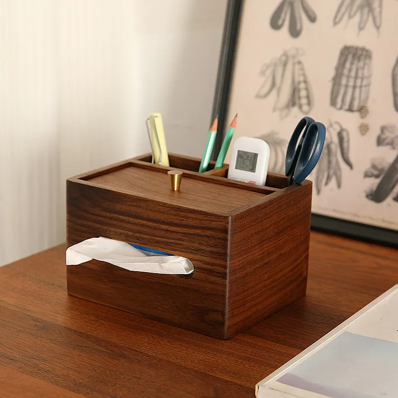 Black Walnut Solid Wood Tissue Box Remote Holder Multifunctional Desk Storage Organizer