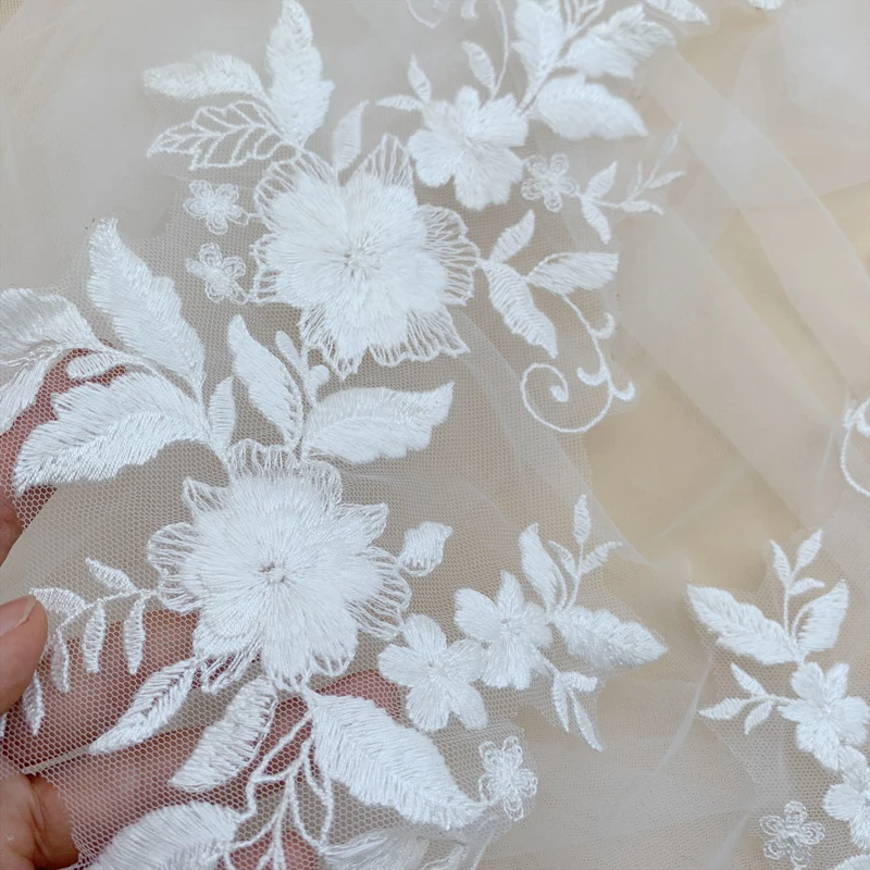 4PCS=2Pair Cotton Material 3D Mirrored Flowers Handmade DIY Wedding Dress Decoration Applique Off White  RS3415