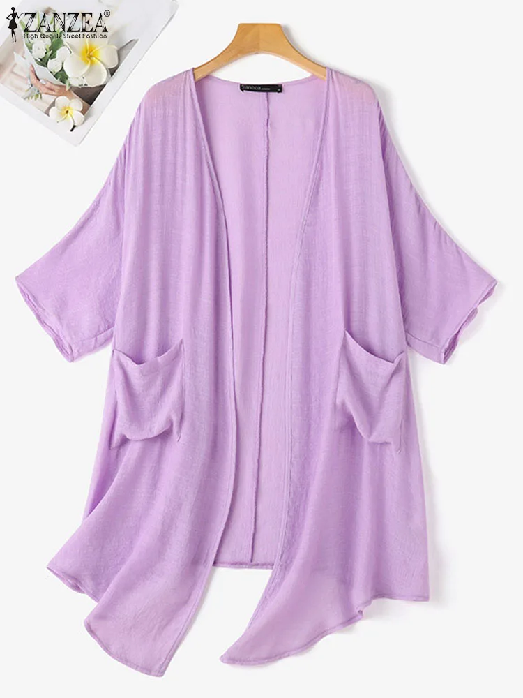 ZANZEA Summer Elegant Cardigans Vintage Women Blouse Solid Kimono Cape V Neck 3/4 Sleeve Sleeve Long Blusas Casual Tops Thin