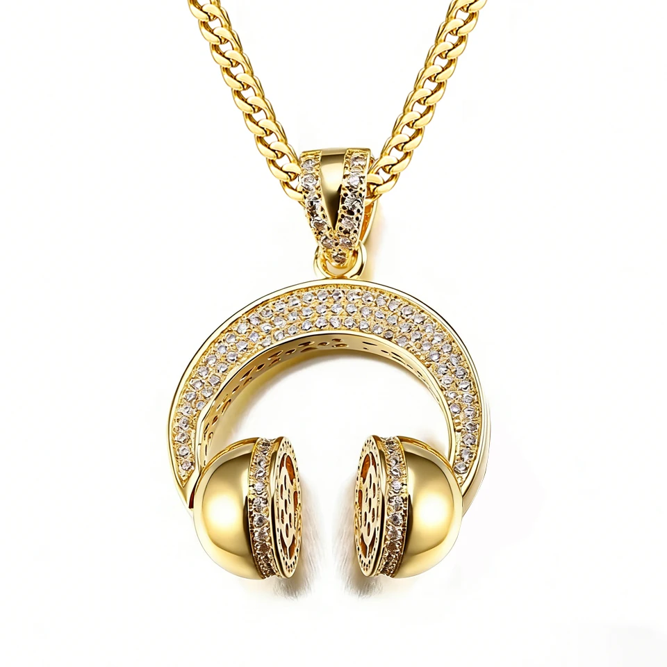 

VANAXIN Music Headphone Pendant Necklace for Men Women 14k Gold Plated Cubic Zirconia Hip Hop Rock Headset Jewelry Gift