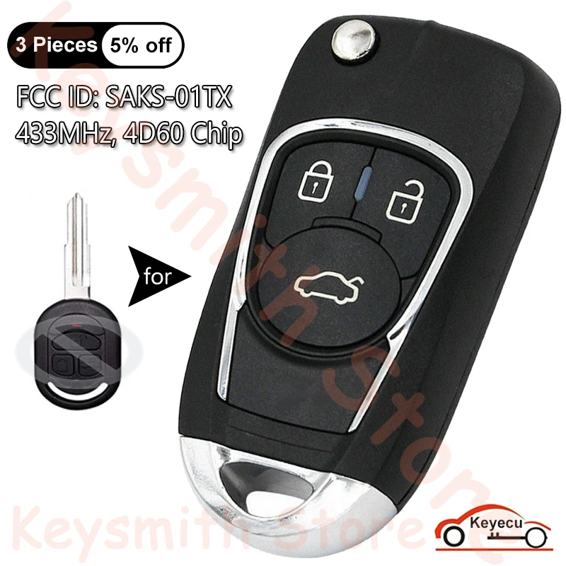 KEYECU 3 Buttons 433MHz 4D60 Chip for Chevrolet Optra Lacetti Daewoo Nubira for Holden Upgraded Flip Remote Key Fob SAKS-01TX