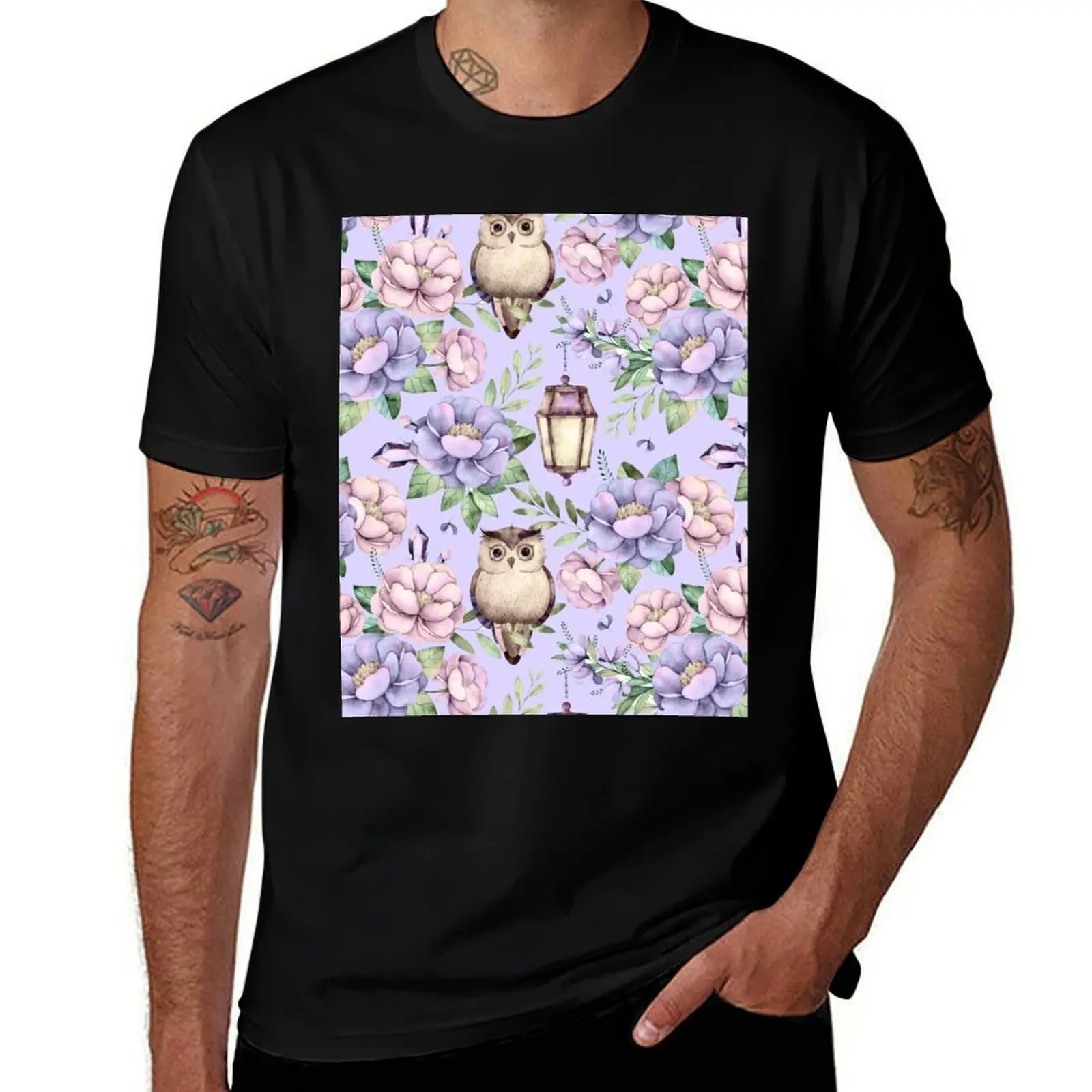 

Hand painted blush pink lavender watercolor owl floral T-Shirt Casual Trendy Streetwear Tee Shirt