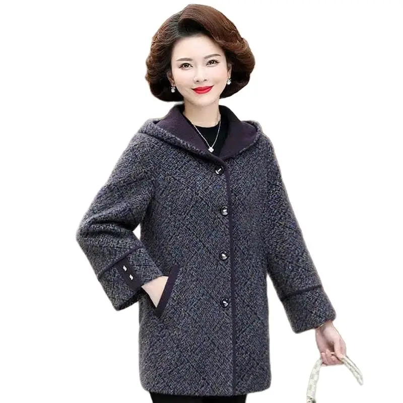 

Mother's Mink Fur Coat In Winter Long Foreign Coat Middle-Aged and Elderly Women Thick Hooded Woolen Coat in Autumn Winter 2023