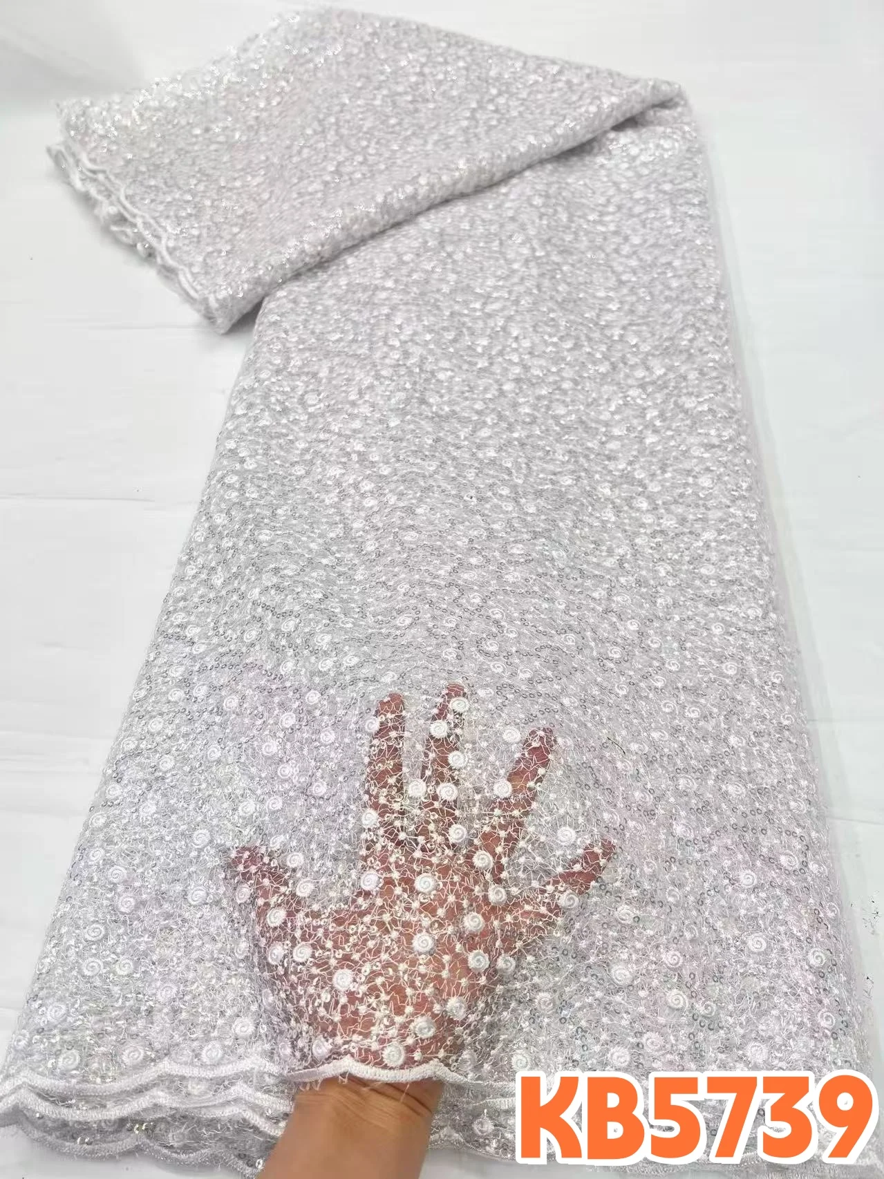 African Sequins White Lace Fabric High Quality Bridal Embroidery Beaded Lace Mesh Fabric 5 Yards for Wedding Party Dress KB5739