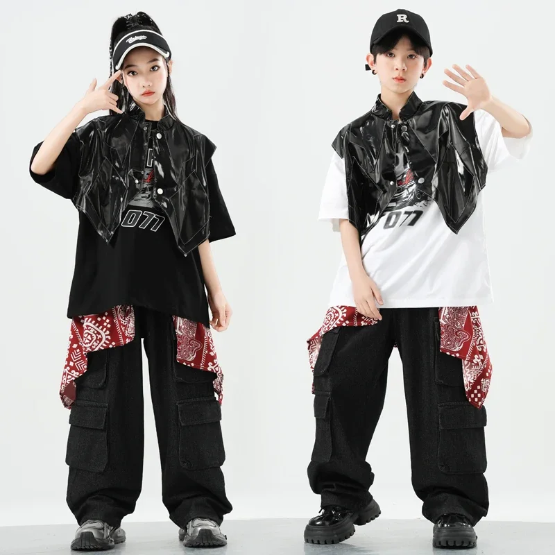 Roupas de hip hop meninos camiseta colete calças camufladas meninas legal jazz dança de rua traje crianças conjunto adolescente k-pop streetwear