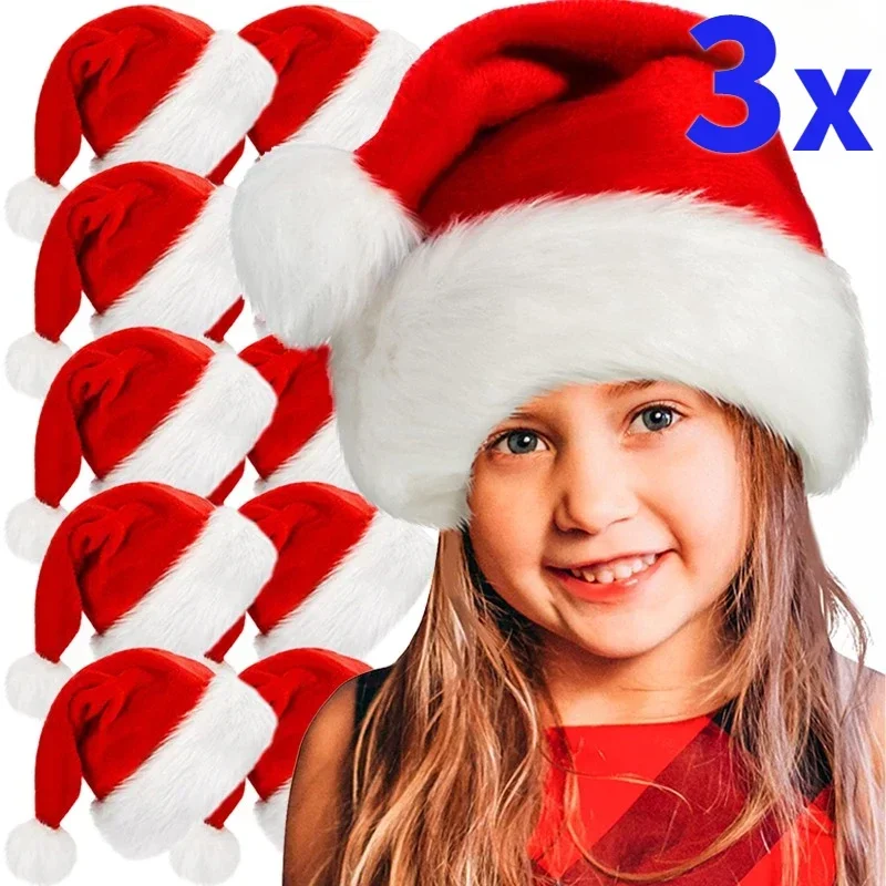 3/1PCS Thickened Plush Christmas Hat for Adults Kids Soft Velvet Santa Claus Caps Hats Xmas New Year Festival Party Decor Gifts