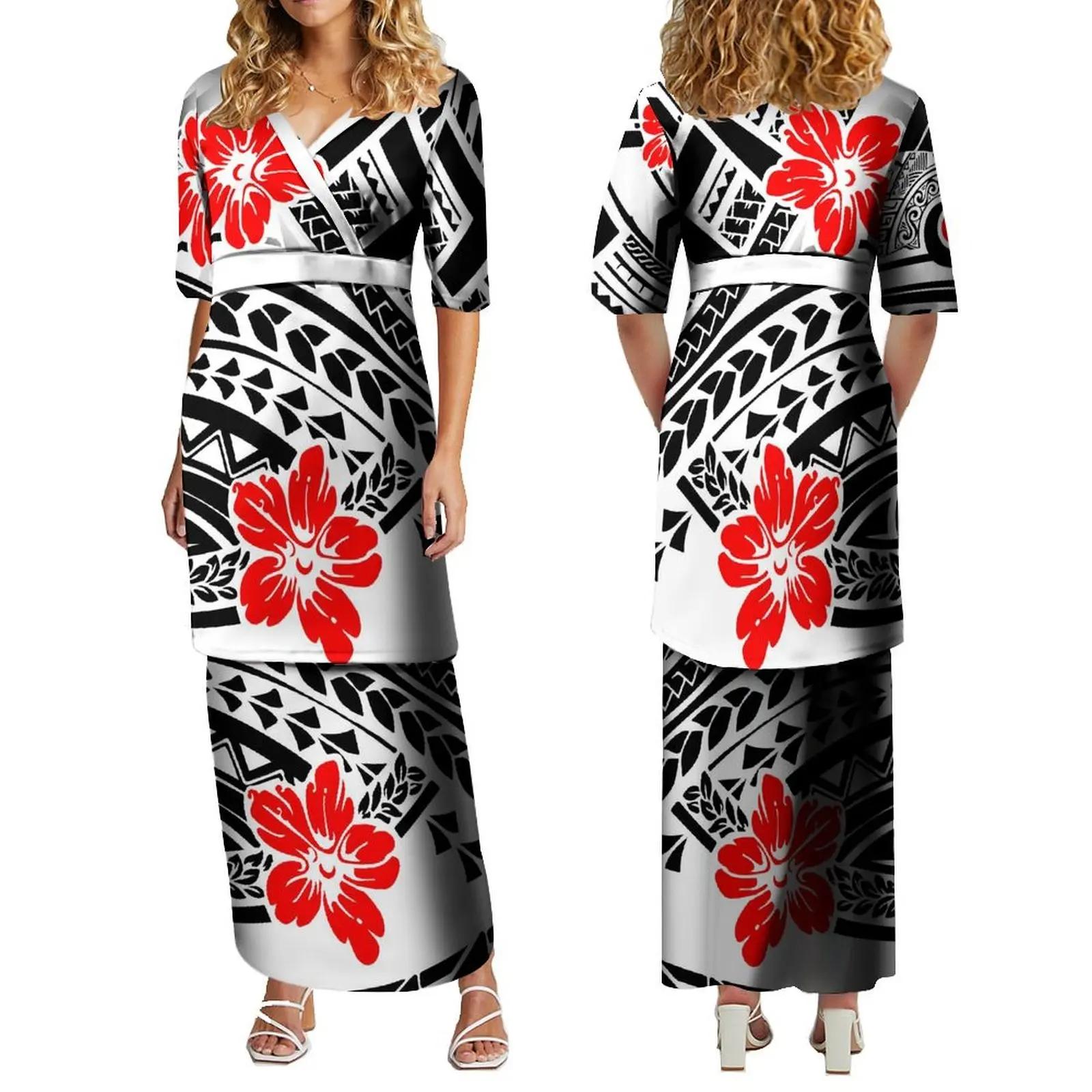 Polynesian Ladies Puletasi Island Custom Women'S Dress Summer V-Neck New Design Pattern Print Party High Quality Dress 2024