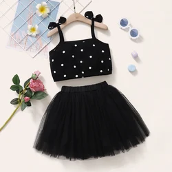 Kid Boyclothing Bow Strap Dots top gonna gonfia in Chiffon nero Set di moda per feste estive adatto per bambini di età compresa tra 1 e 6 anni