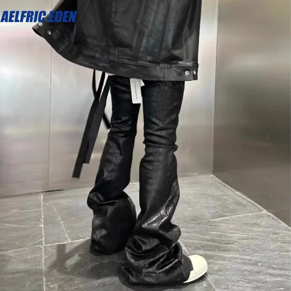 Aelfric Eden Streetwear Black Wax Leather Strecth Jeans Men Ropa Hombre Baggy Y2k Flare Pants Oversized Straight Denim Trousers