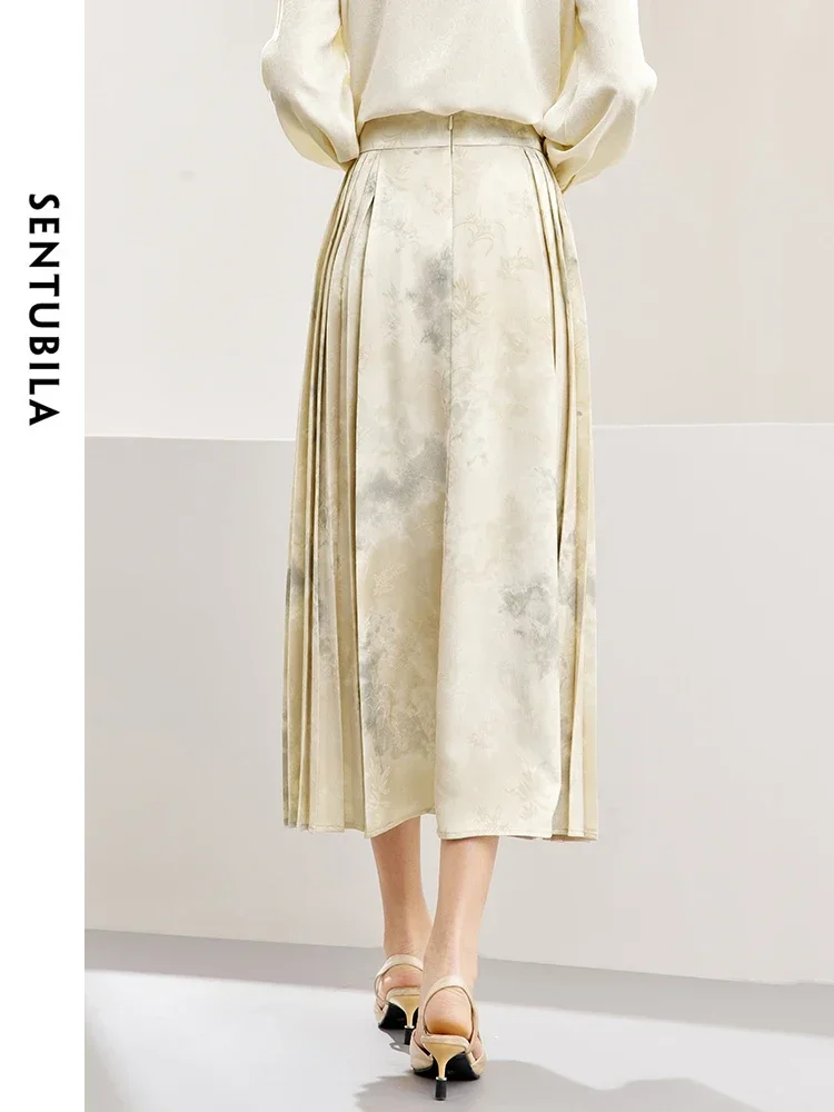 SENTUBILA Jacquard New Chinese Style Horse Faced Skirt 2025 Summer High Waist A-line Side Pleated Skirts Woman Clothes 141Q53040