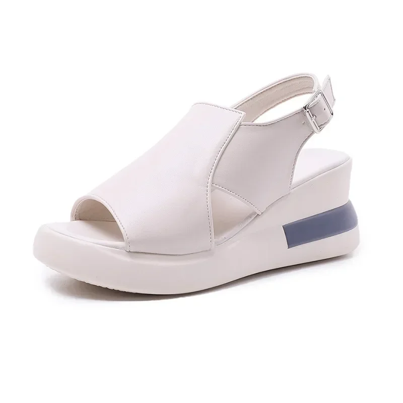 Sandálias plataforma cunha para mulheres, sapatos de praia retrô, peep toe casual feminino, moda suave e confortável, verão