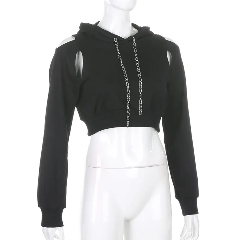 Sexy Hoodie Fashion Women Autumn Spring Long Sleeve Cut Out Chain 2022 Hoodie Short Sweatshirt Hollow Crop Top Women's Clothing
